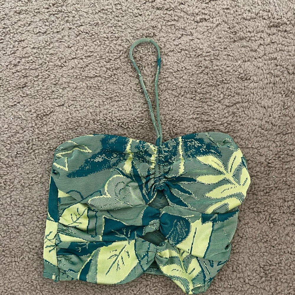 Zara Teal and Olive Leaf Print Top